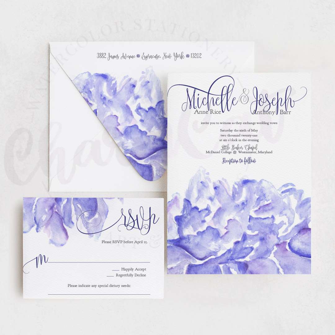 Periwinkle watercolor painted peony wedding invitations