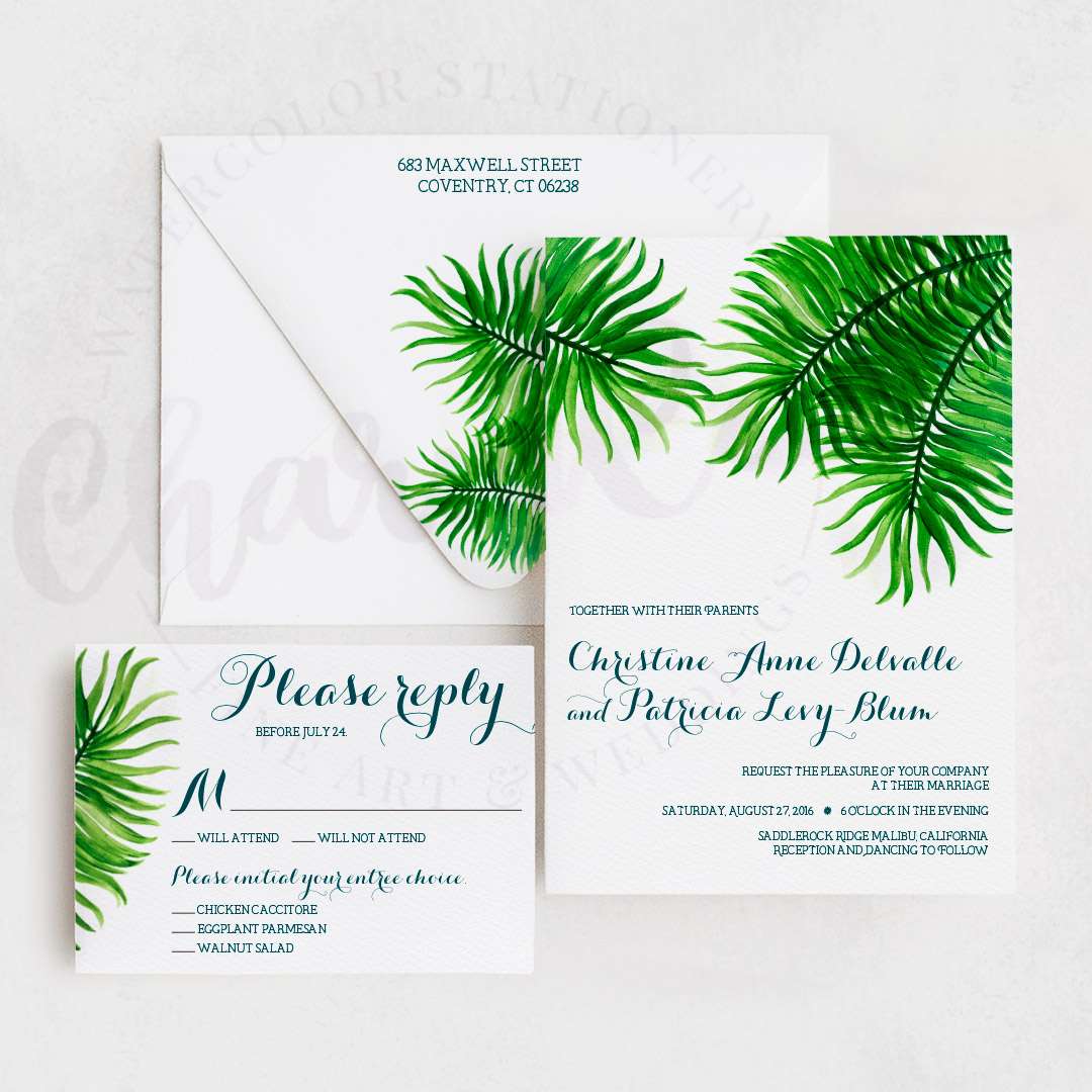 Green watercolor palm frond wedding invitation