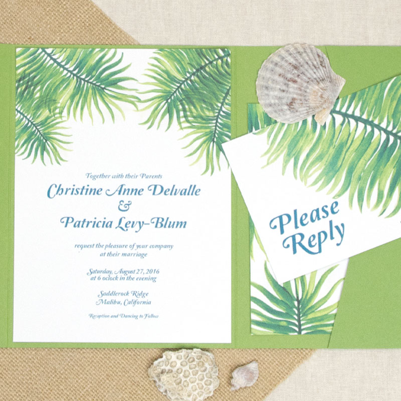 This palm frond wedding invitation is perfect for a beach or tropical destination wedding! I want to be tanning on the sand just looking at it. It's fully customizable! | Wedding Invitations by CharmCat Stationery & Design