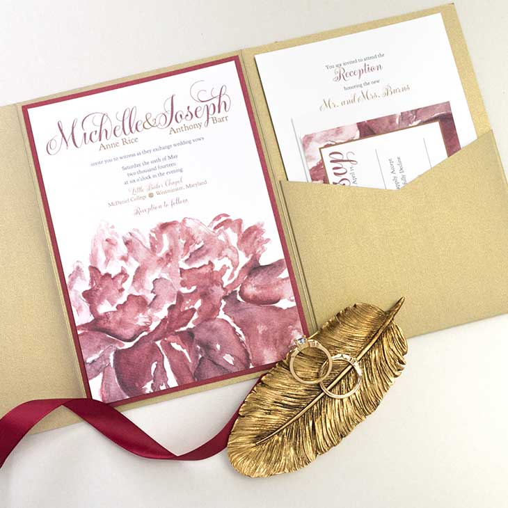 This gorgeous wedding invitation suite features a big watercolor peony design. | Wedding Invitations by CharmCat Stationery & Design