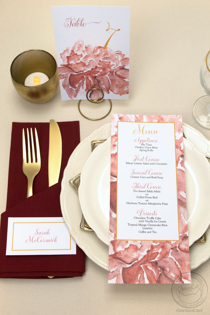 Menus, place cards, and table numbers with gorgeous floral watercolor accents! Customize the color to match your dream theme. | Wedding Invitations by CharmCat Stationery & Design