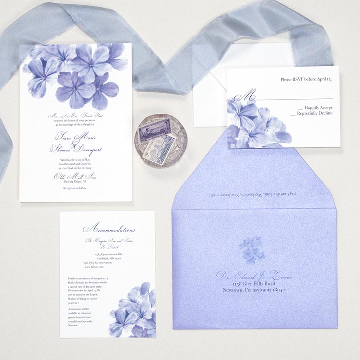 A beautiful, delicate watercolor floral wedding invitation… The Plumbago Suite! The Plumbago is a flowering bush found in tropical areas, and when in bloom, is covered in hundreds of these tiny flowers. Painted in watercolor, they're the perfect accent for this sweet suite! Completely customize with your choice of colors, fonts, and papers. | Wedding Invitations by CharmCat | charmcat.net | CharmCat is a watercolor artist specializing in creating uniquely artistic stationery for weddings, birthdays, parties, offices, and everyday.