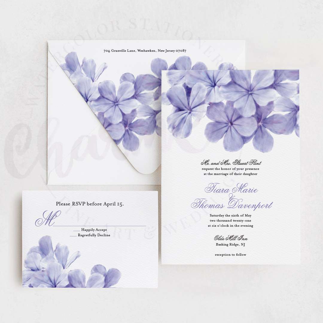 Periwinkle watercolor plumbago wedding invitation