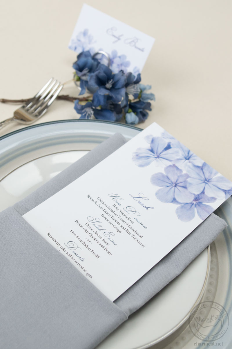 A beautifully painted floral design that's perfect for your event. Matching place cards, table numbers, menus, and more. | Wedding Invitations by CharmCat Stationery & Design