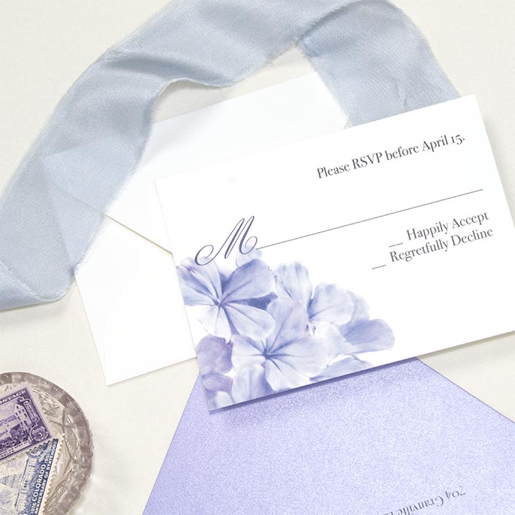 A beautiful, delicate watercolor floral wedding invitation… The Plumbago Suite! The Plumbago is a flowering bush found in tropical areas, and when in bloom, is covered in hundreds of these tiny flowers. Painted in watercolor, they're the perfect accent for this sweet suite! Completely customize with your choice of colors, fonts, and papers. | Wedding Invitations by CharmCat | charmcat.net | CharmCat is a watercolor artist specializing in creating uniquely artistic stationery for weddings, birthdays, parties, offices, and everyday.