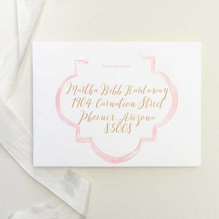 A classic quatrefoil wedding invitation with soft watercolors. | Wedding Invitations by CharmCat Stationery & Design