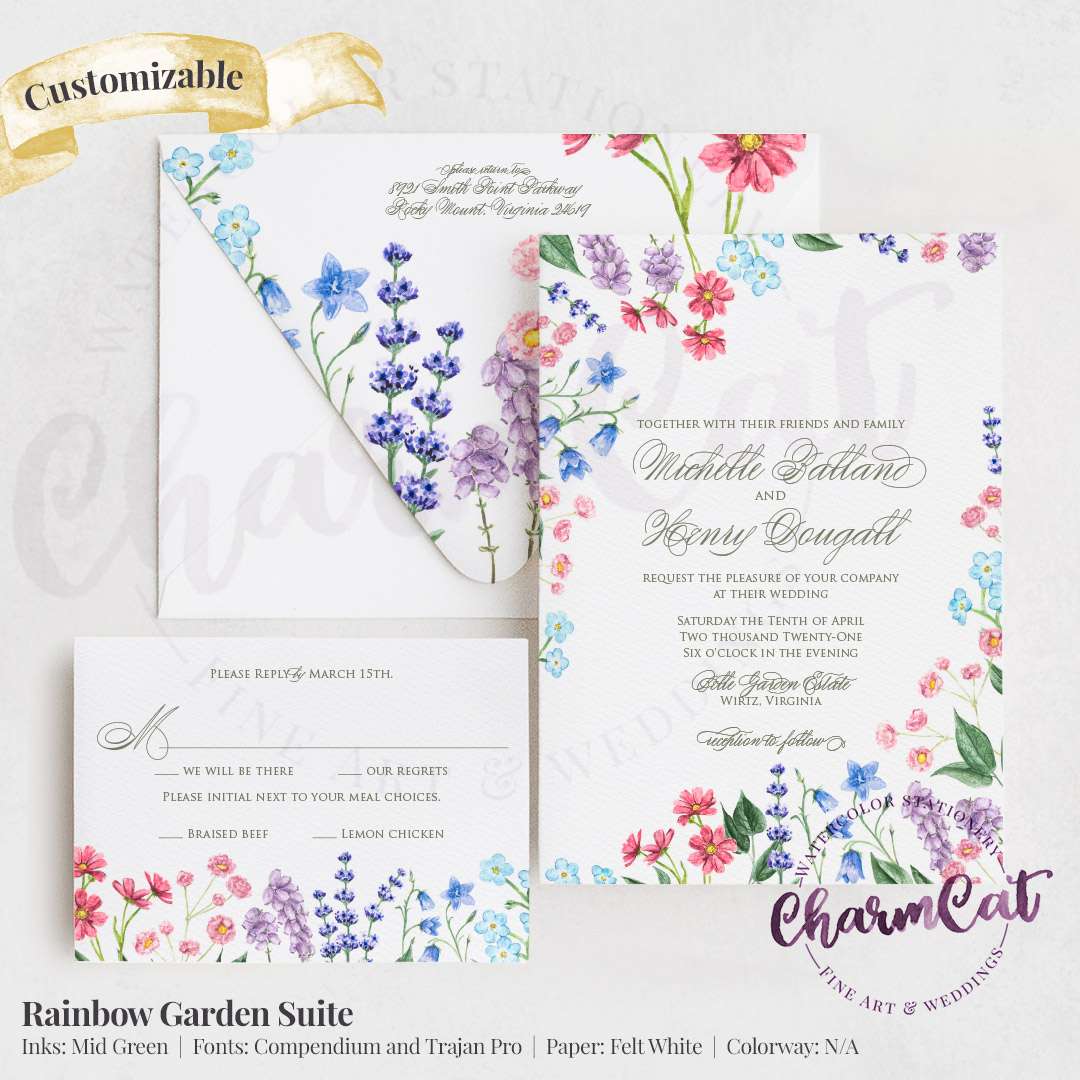 Watercolor rainbow garden wedding invitation