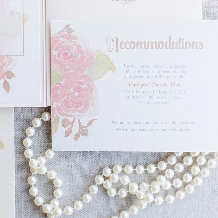 A suite featuring painted lush blooms in a soft watercolor style for a sweet blend of romantic and modern. | Wedding Invitations by CharmCat | Photo by Shalese Danielle