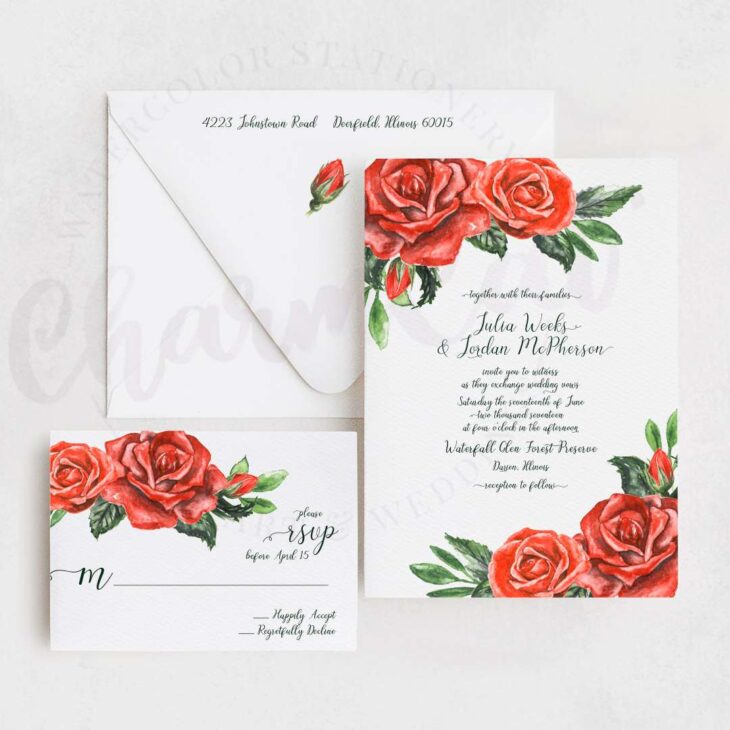 Red watercolor romantic rose wedding invitations