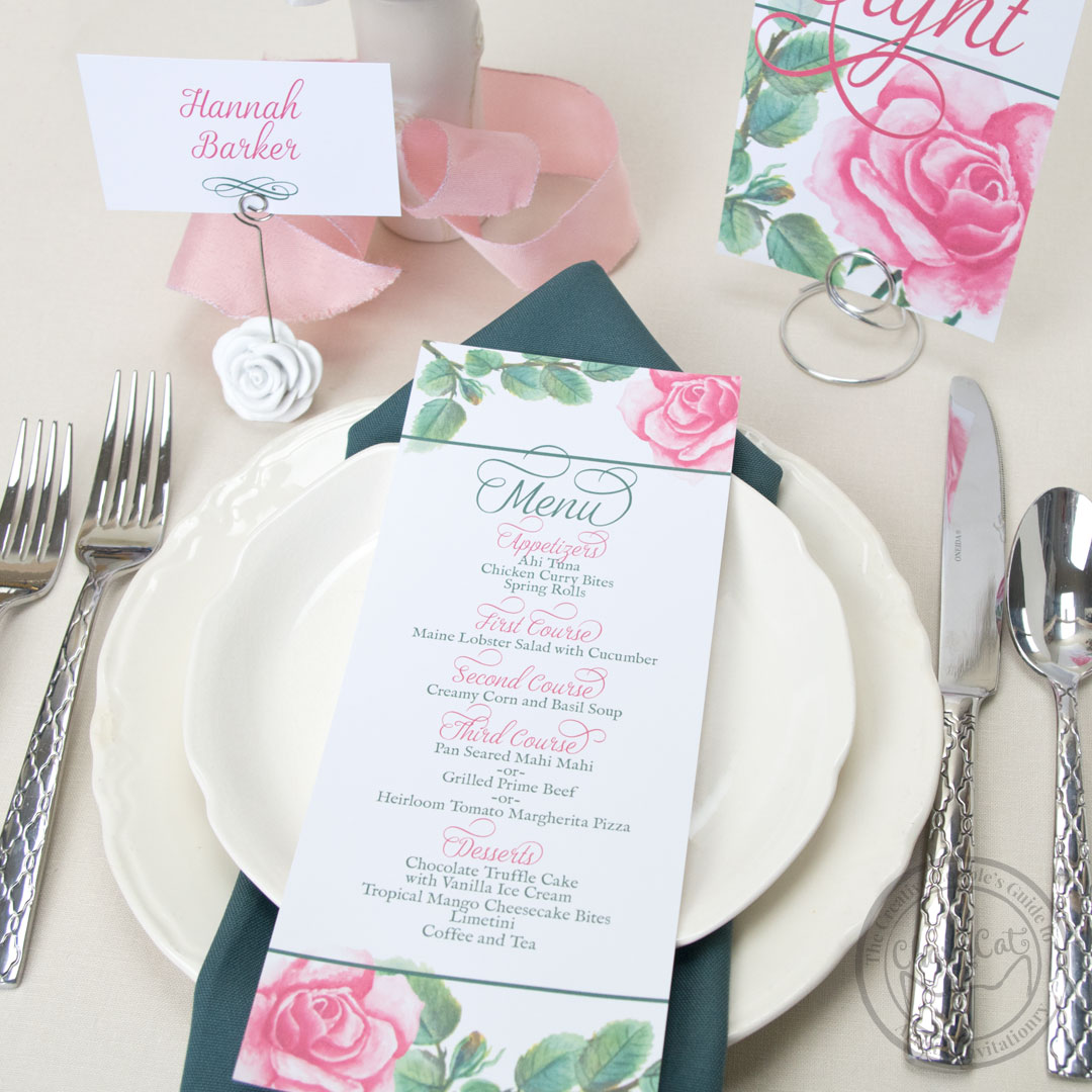 Let these charming roses decorate your table! Menus, place cards, and table numbers available in any color. | Wedding Invitations by CharmCat Stationery & Design
