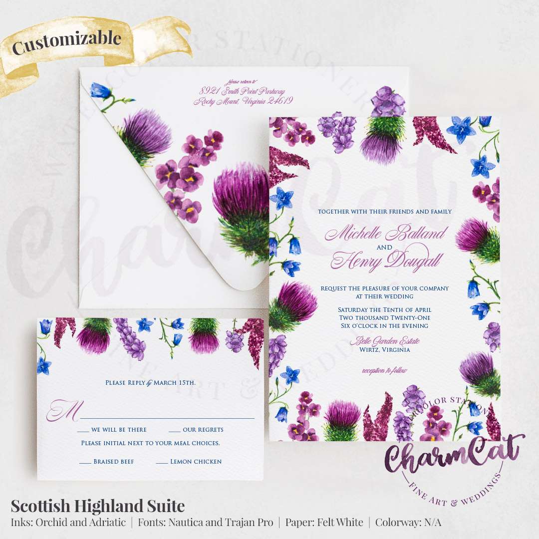 Watercolor Scottish highlands wedding invitation