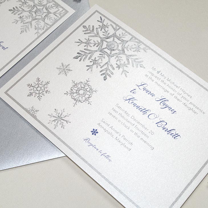 The Watercolor Snowflake Wedding Invitation. Snowflake crystals painted in soft watercolor style decorate this invitation suite. The painted look gives the snowflakes the appearance of glass. Completely customize with your choice of colors, fonts, and papers. | Wedding Invitations by CharmCat | charmcat.net | CharmCat is a watercolor artist specializing in creating uniquely artistic stationery for weddings, birthdays, parties, offices, and everyday.