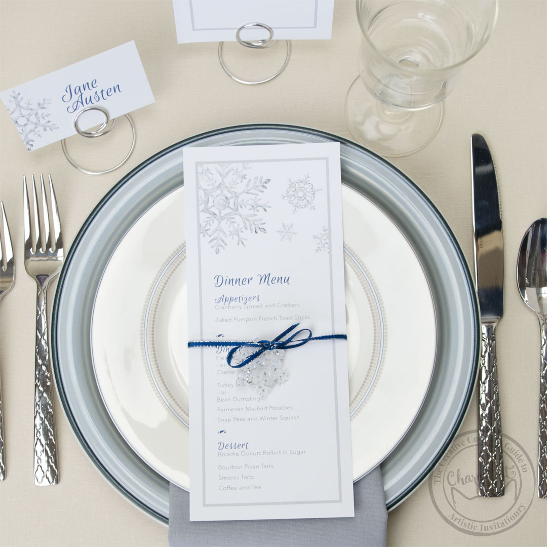 Incorporate winter into your wedding in a classic way with the Snowflake suite. Matching place cards, table numbers, menus, and more. | Wedding Invitations by CharmCat Stationery & Design
