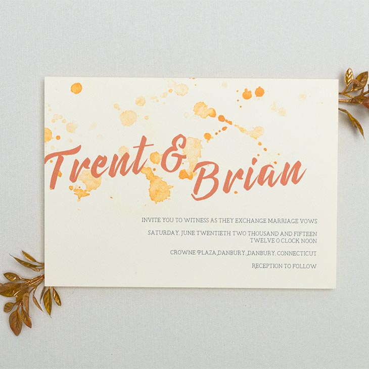 A modern, masculine invitation with oranges and splattered paint. | Wedding Invitations by CharmCat Stationery & Design