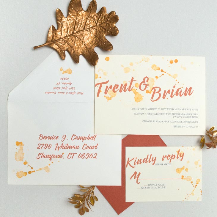 A modern, masculine invitation with oranges and splattered paint. | Wedding Invitations by CharmCat Stationery & Design