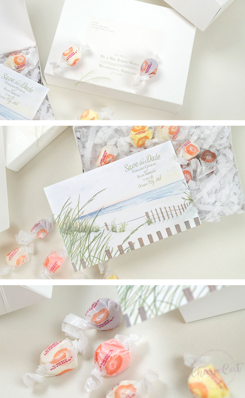 A custom save the date that's perfect for your sweet tooth. This Ocean City, MD, save the date box comes with a snack of salt water taffy to get you in the mood for the summer wedding!