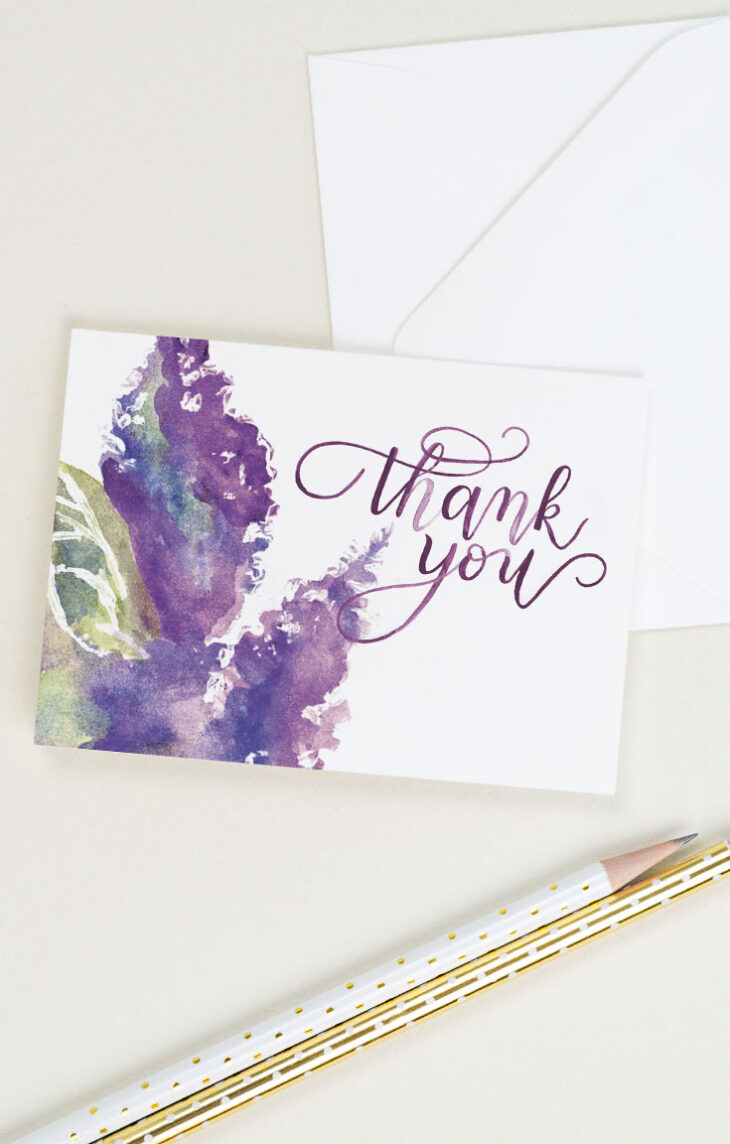 A thank you card with purple lilac flowers and watercolor lettering | CharmCat Creative charmcat.net