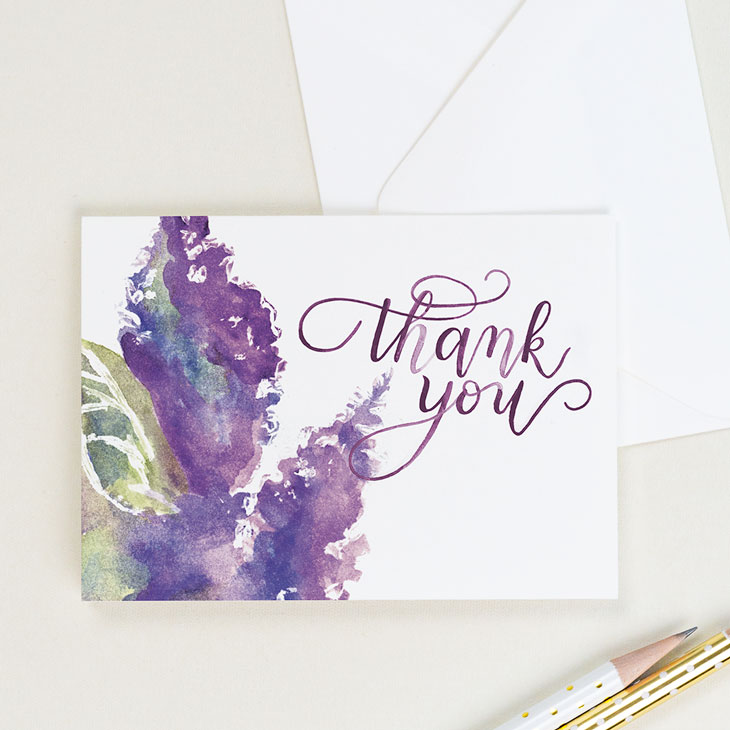 A thank you card with purple lilac flowers and watercolor lettering | CharmCat Creative charmcat.net
