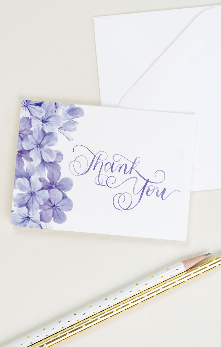 A thank you card with purple flowers and watercolor lettering | CharmCat Creative charmcat.net