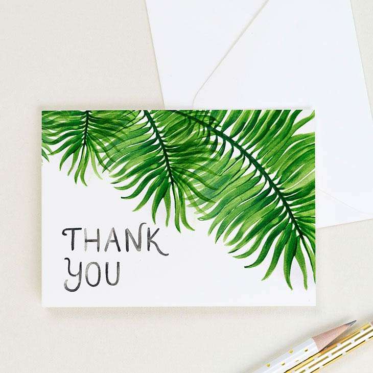 Thank you cards with big palm fronds and watercolor lettering | CharmCat Creative charmcat.net