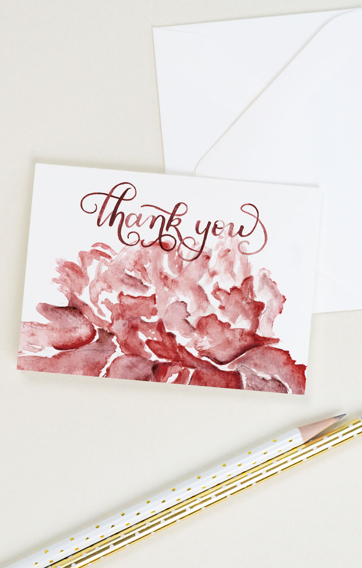 A classic thank you card with a watercolor peony and lettering | CharmCat Creative charmcat.net