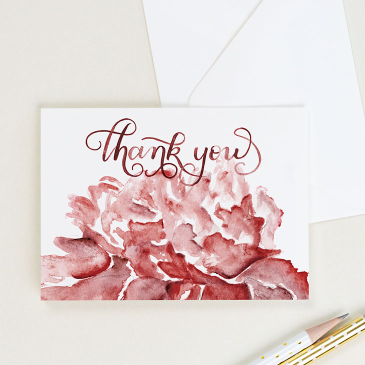 A classic thank you card with a watercolor peony and lettering | CharmCat Creative charmcat.net
