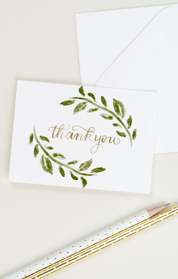 A thank you card with loose laurel branches and watercolor calligraphy. | CharmCat Creative charmcat.net