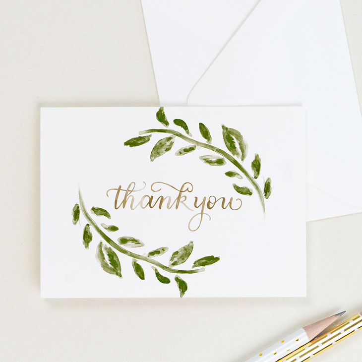 Laurel Thank You Card, Set of 8 — Green Leaves Watercolor Thank You ...