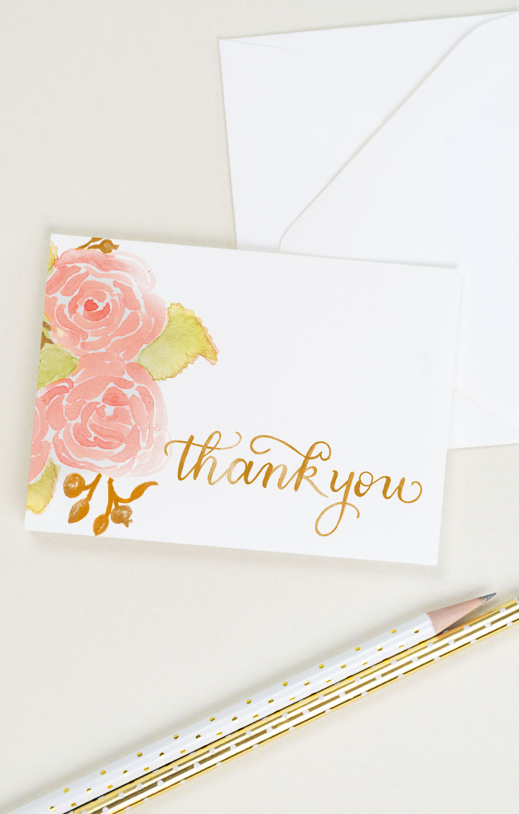 A sweet thank you card with coral pink ranunculus blooms painted in watercolor along the left side | CharmCat Creative charmcat.net