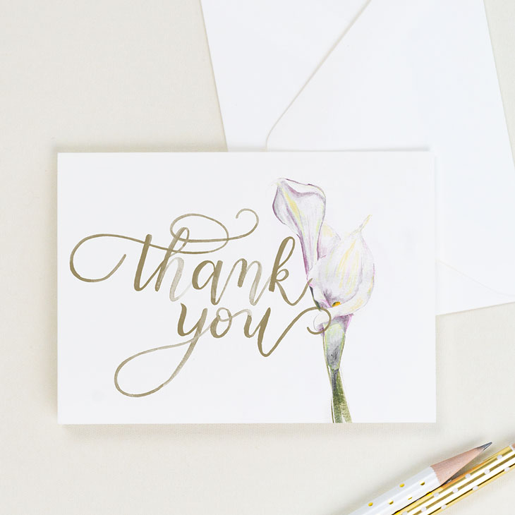 A set of thank you cards featuring light pink calla lilies that were painted in watercolor | CharmCat Creative charmcat.net