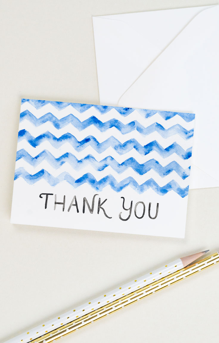 Thank you card with a chevron pattern and watercolor lettering | CharmCat Creative charmcat.net