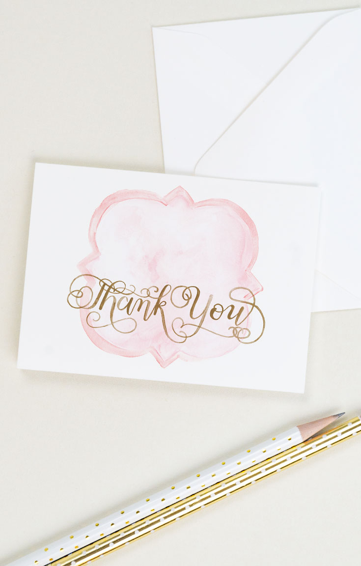 Thank you card with a quatrefoil and watercolor calligraphy | CharmCat Creative charmcat.net