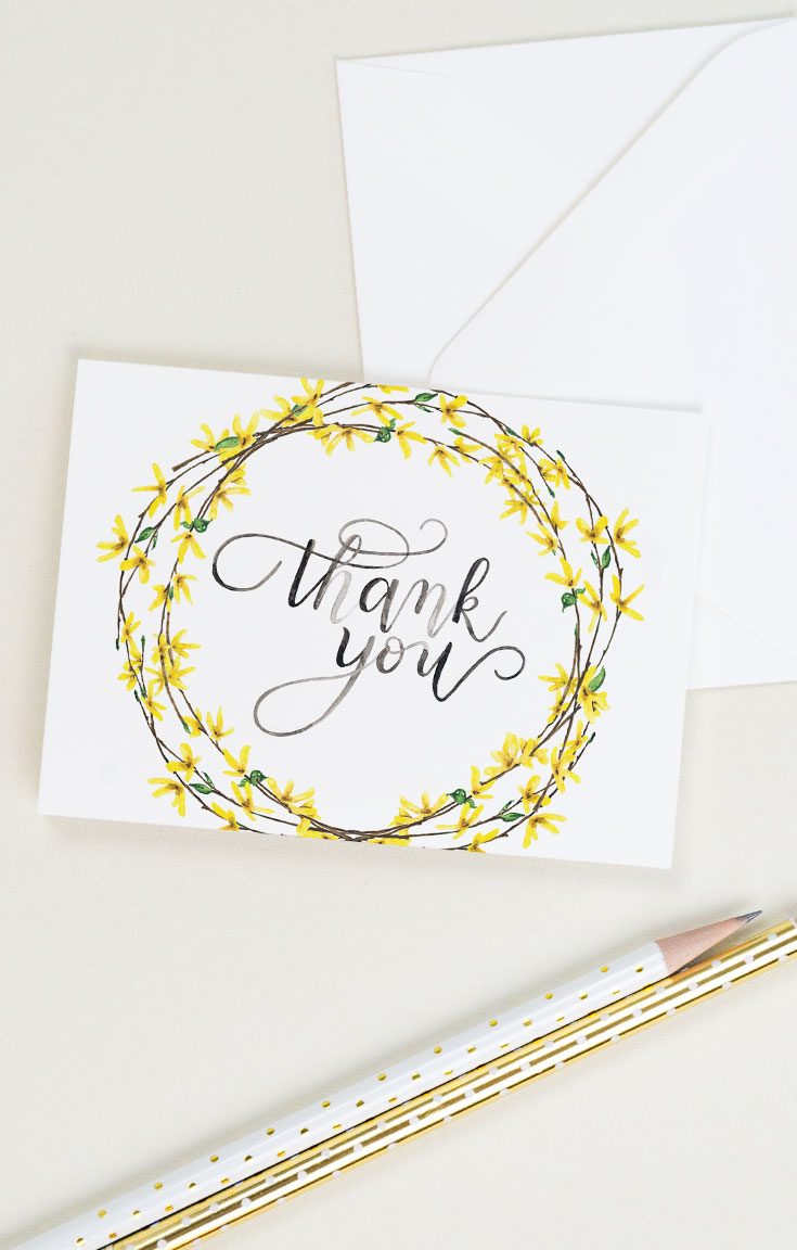 Thank you card with forsythia and watercolor calligraphy | CharmCat Creative charmcat.net