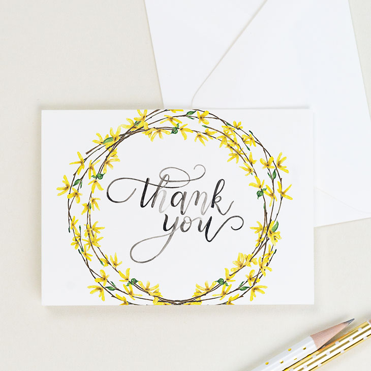 Thank you card with forsythia and watercolor calligraphy | CharmCat Creative charmcat.net