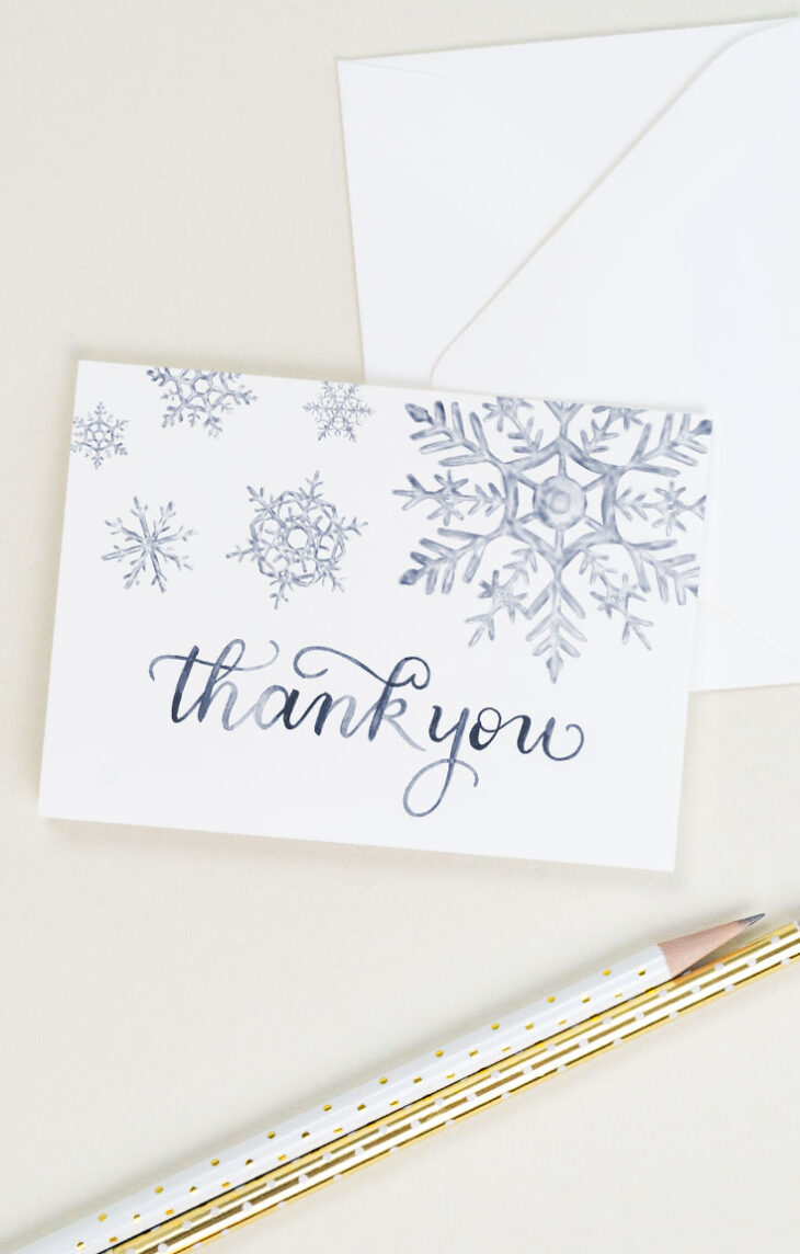 Winter thank you card with watercolor snowflakes and hand lettering | CharmCat Creative charmcat.net