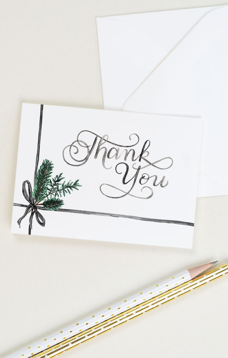 Winter thank you card with watercolor greenery and hand lettering | CharmCat Creative charmcat.net