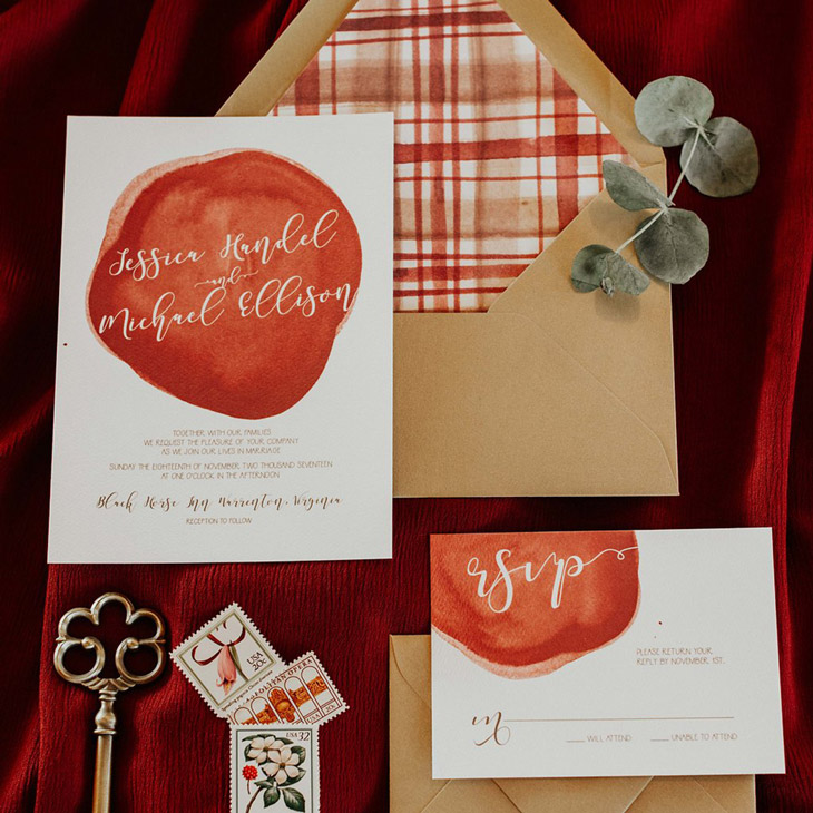 A bold watercolor design that can be changed up with different colors and fonts to fit your own aesthetic. Shown in Burgundy and Gold with a custom envelope liner.