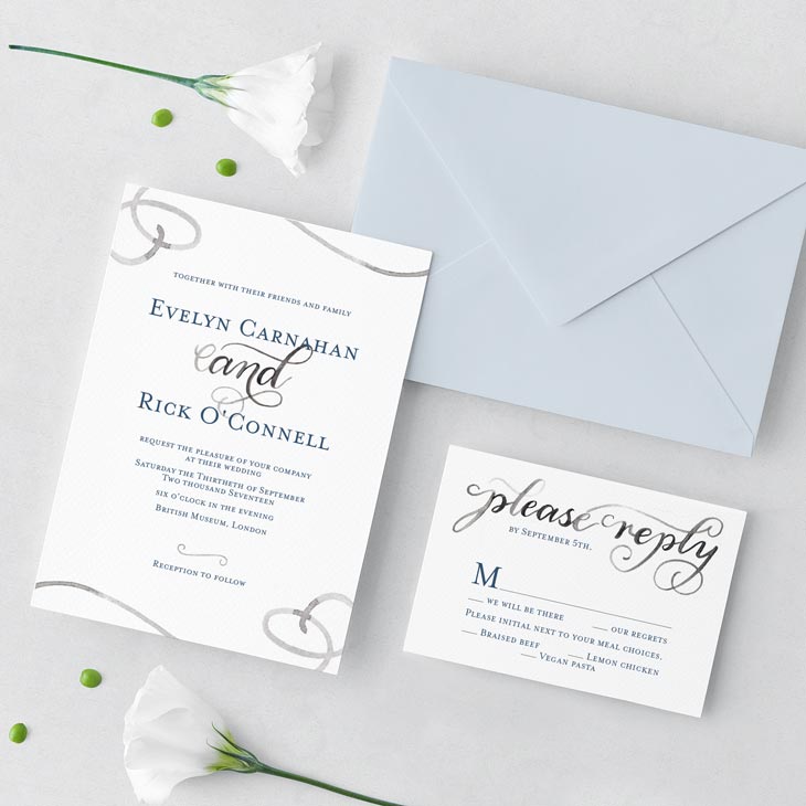 Get the beauty of hand-lettered watercolor in a semi-custom suite. Combine a pre-existing library of hand-lettered words with your choice of font and custom colors to create something all your own! Shown in blue and gray. | Wedding Invitations by CharmCat